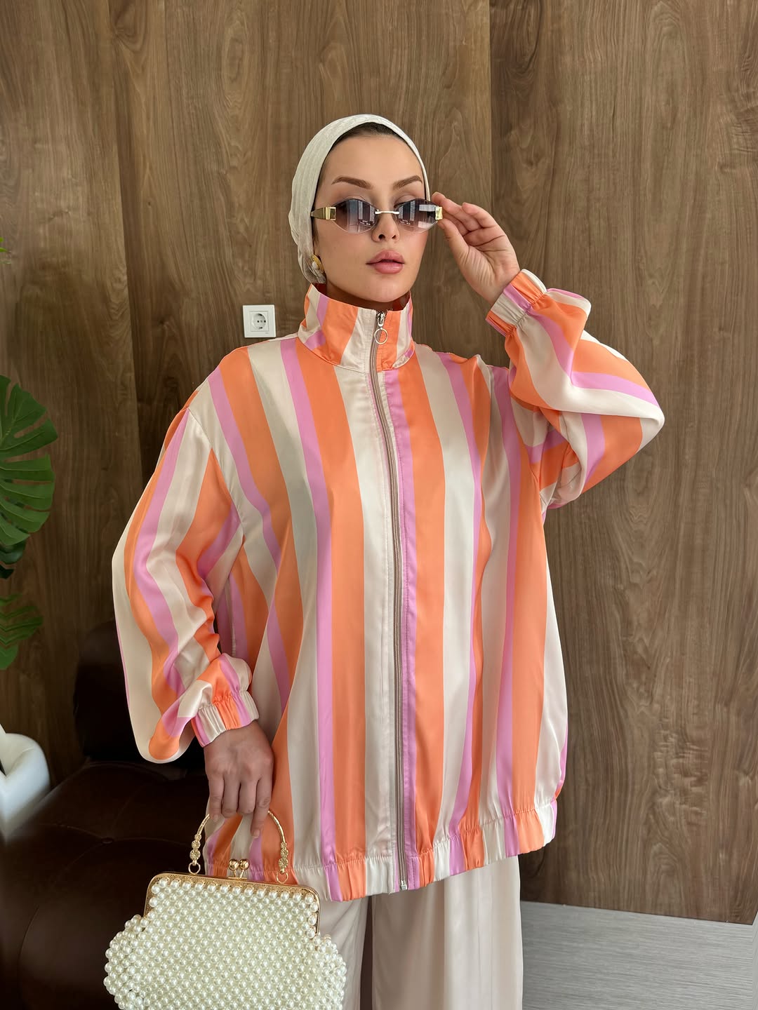 Satin silk fabric striped bomber with wide leg trouser set