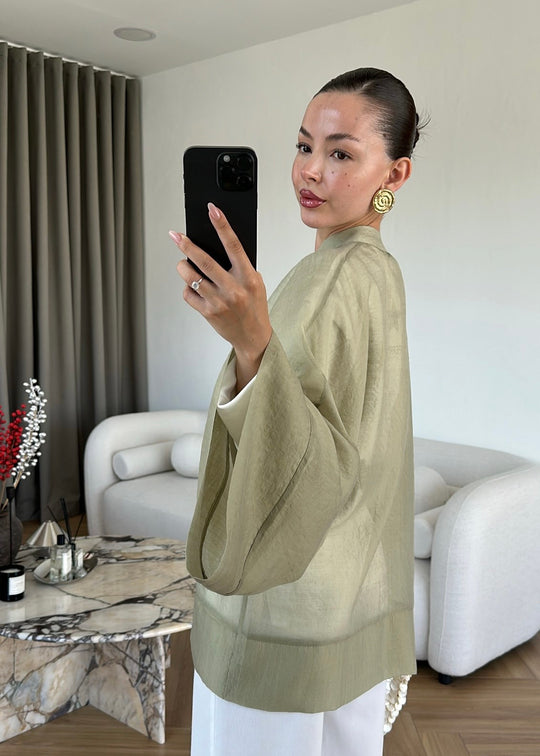 Chinese Buttoned Transparent Shirt - olive green
