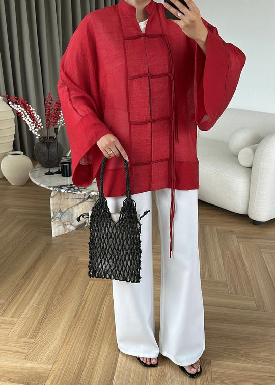 Chinese Buttoned Transparent Shirt - red