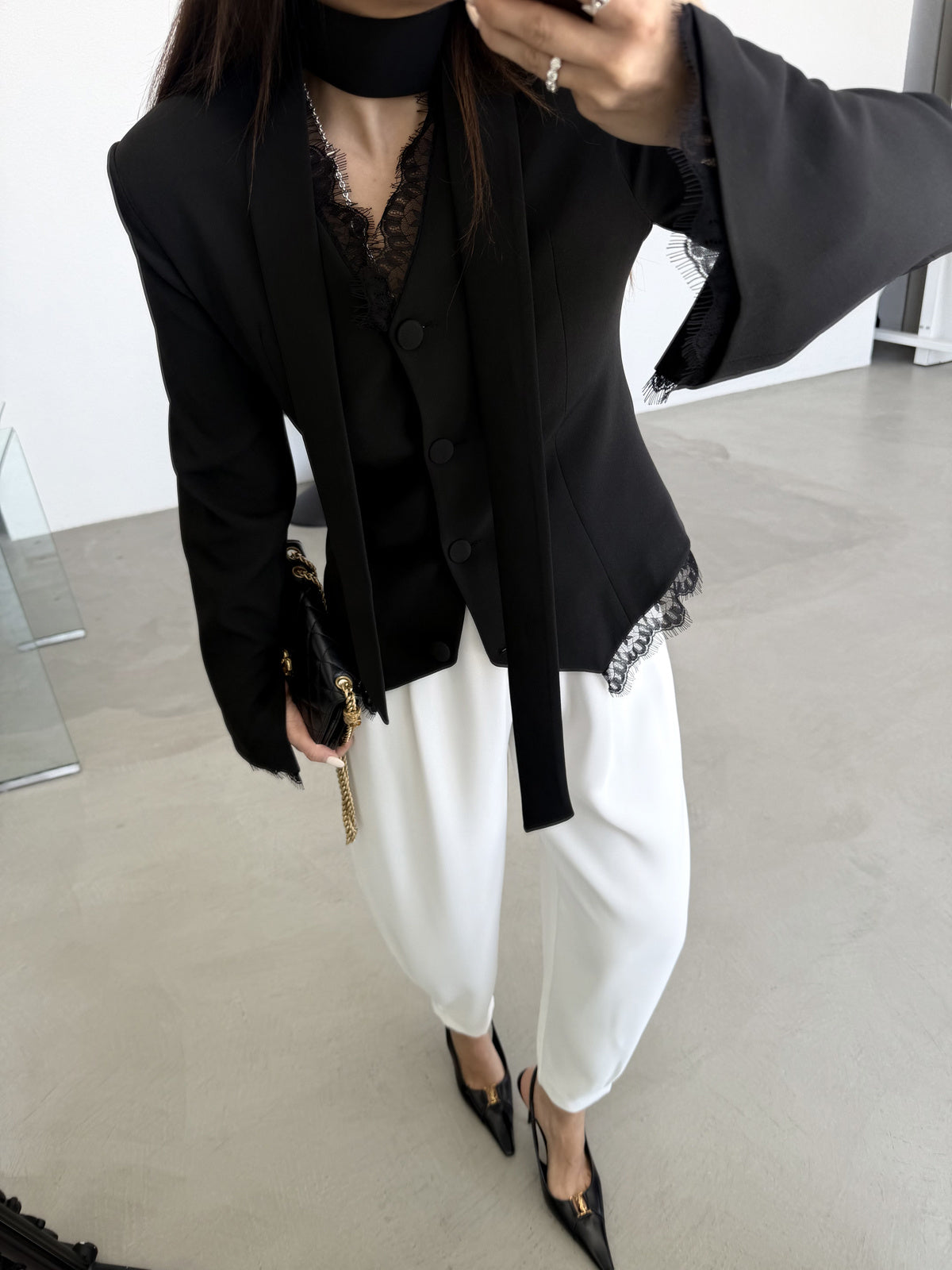 Lace Detail Button-Down Jacket - black