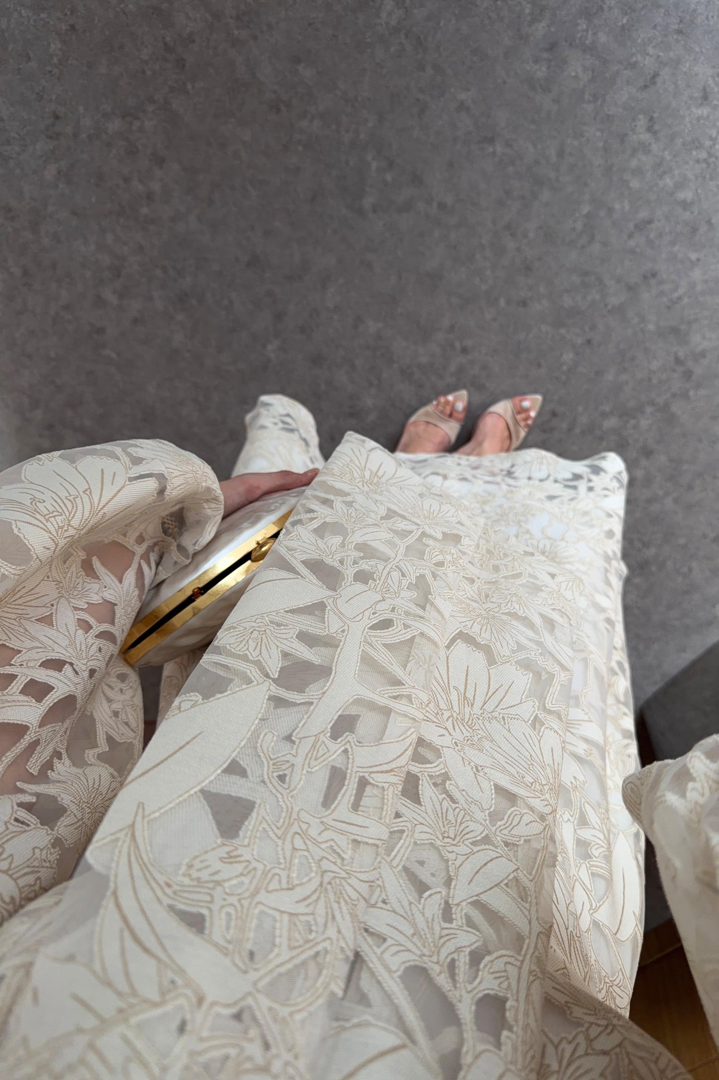 Lace-Embroidered Scarf Collar Dress - beige