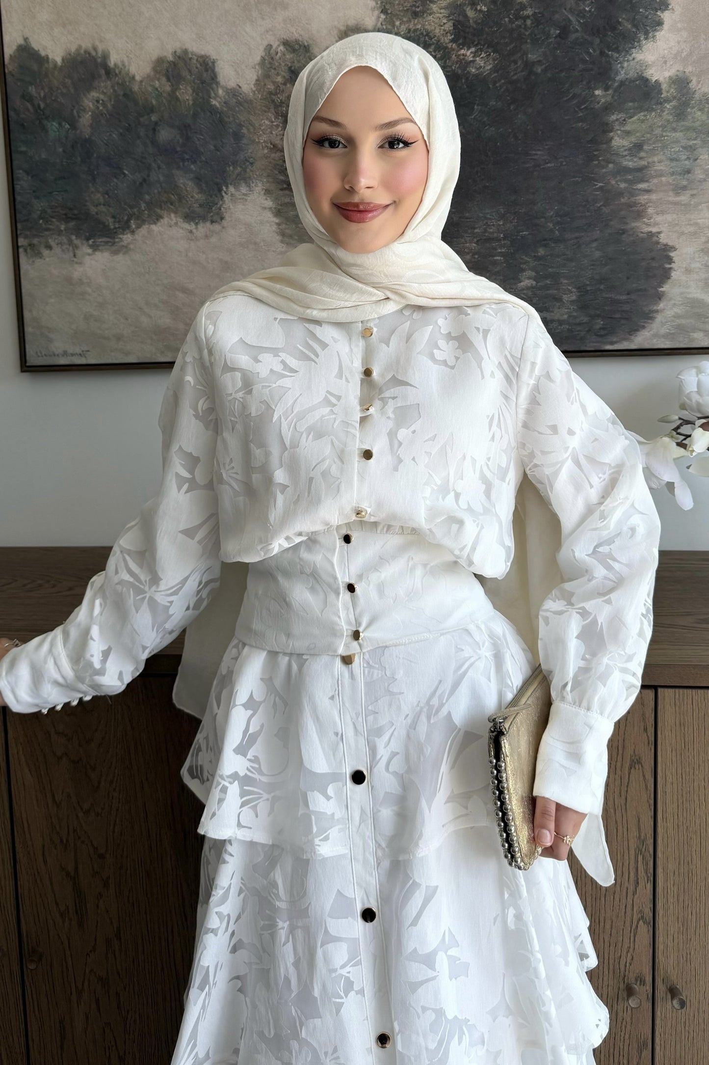 Gold button Ivory Floral Jacquard Layered Set - white