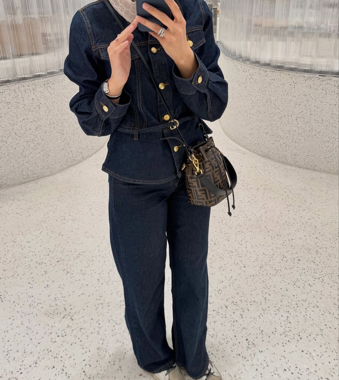 GOLD BUTTONED WAIST-FITTED JACKET AND STRAIGHT PANTS DENIM SET