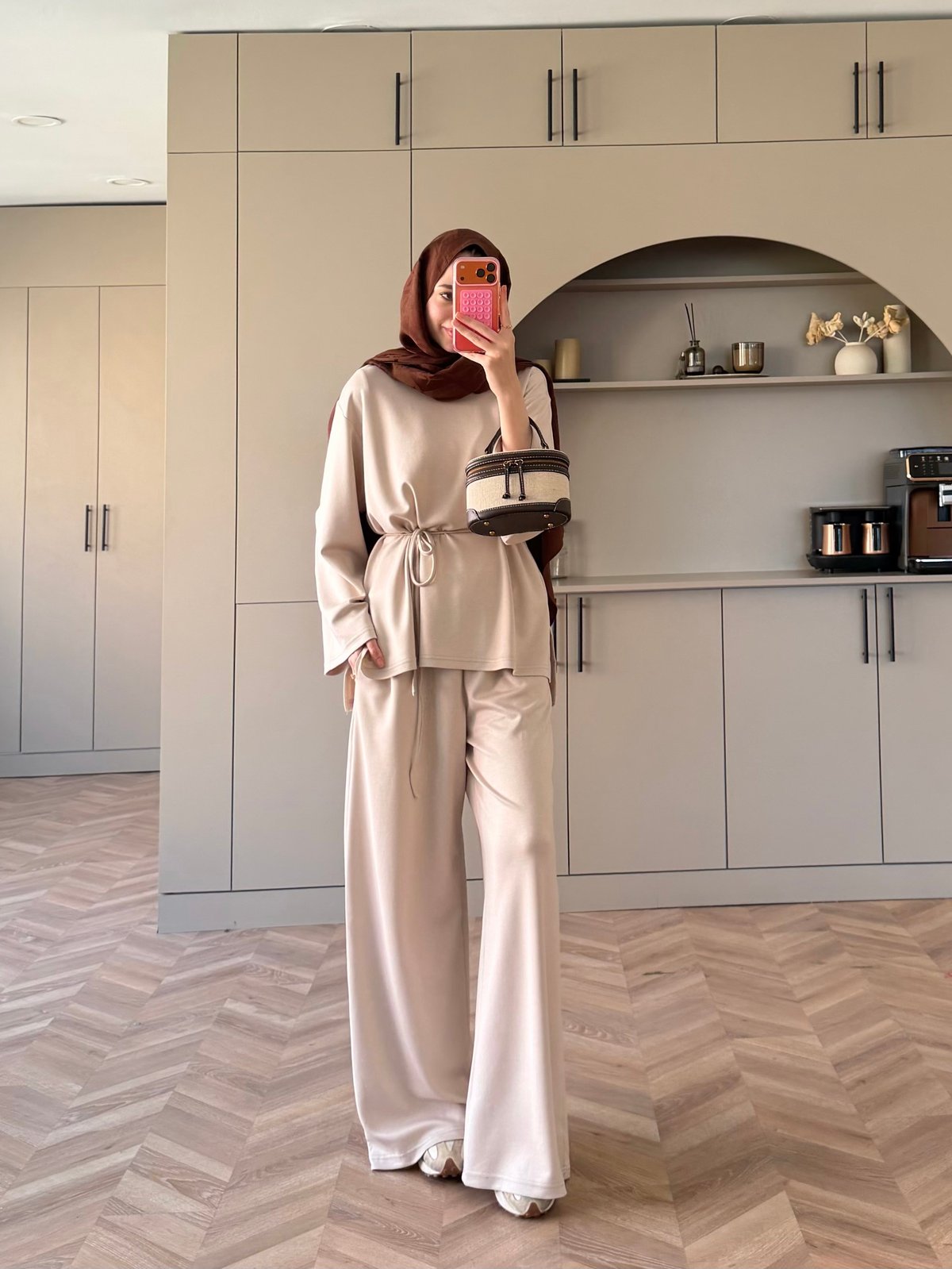 Oversize blouse with waistband wide leg trouser oysho fabric set - beige
