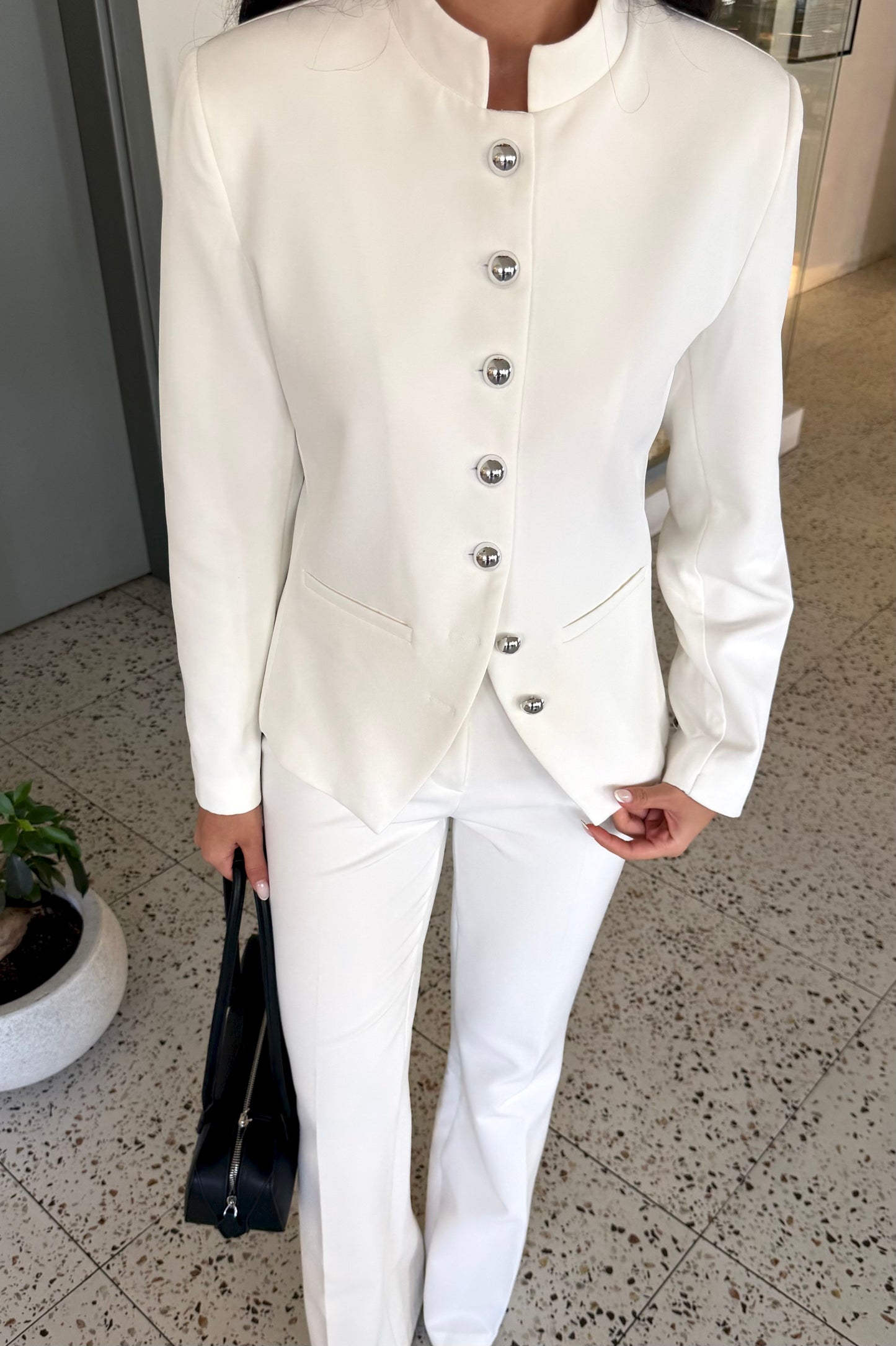 Stand collar silver buttons suit