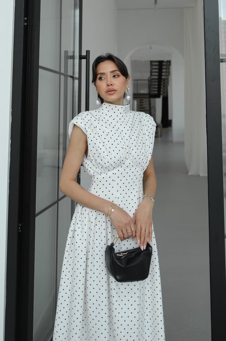 Polka Dot Enid Waist-Fitted Padded Dresswith back neck tie