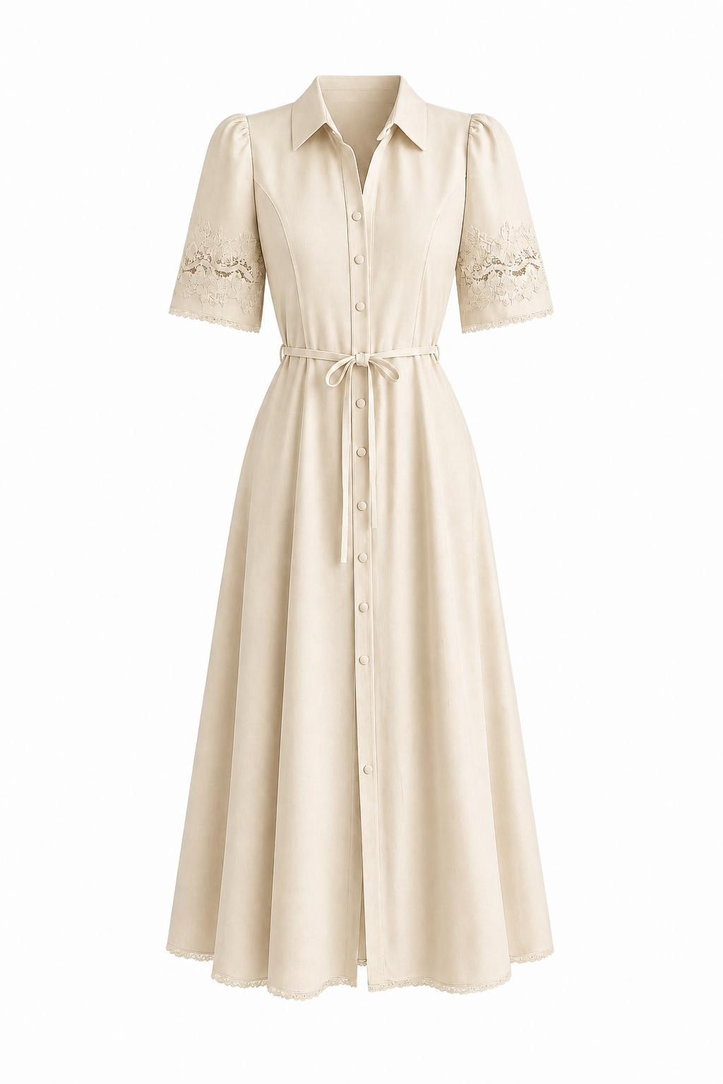 Beige Dress with Lace Detail on Sleeves