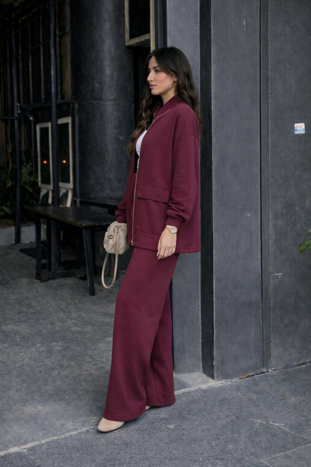 Modal fabric Suit with Waist Gathering Detail - burgundy