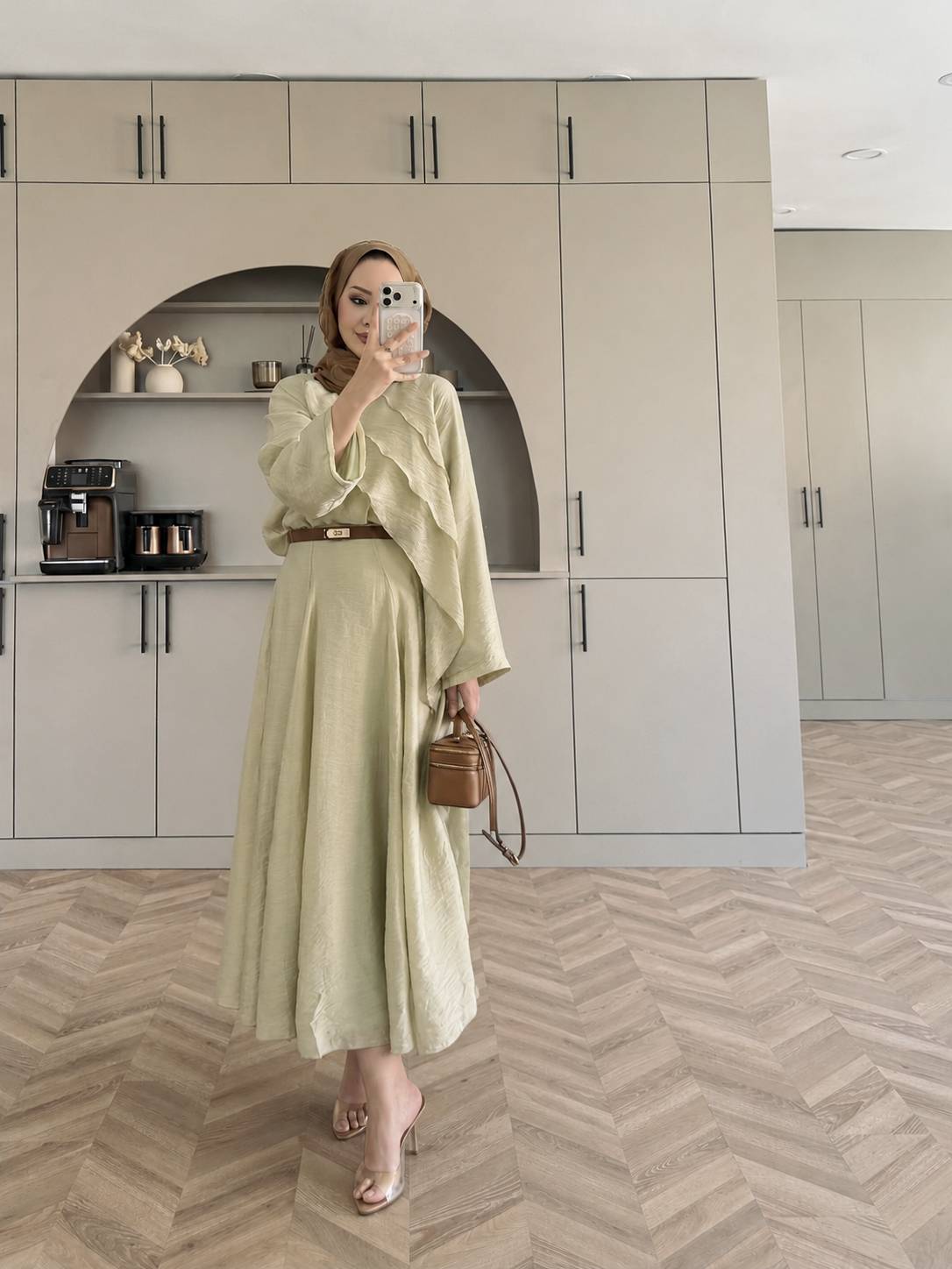 Layered blouse with maxi skirt, fully lined set - green