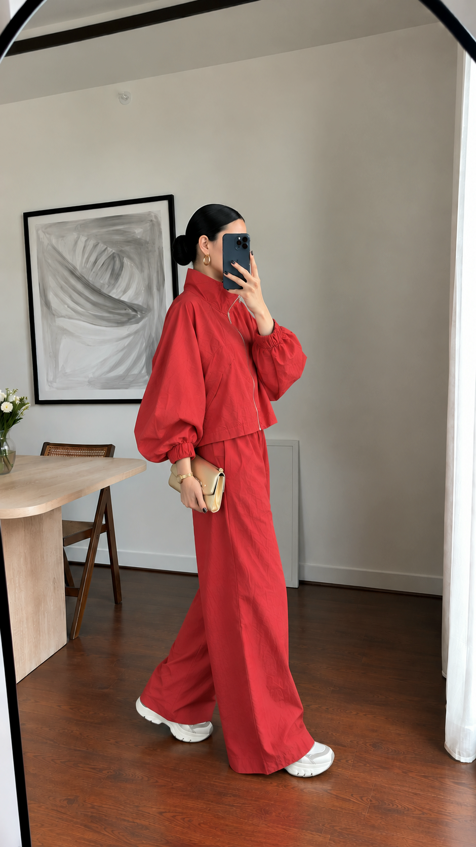 Parachute fabric wide sleeve tracksuit- red