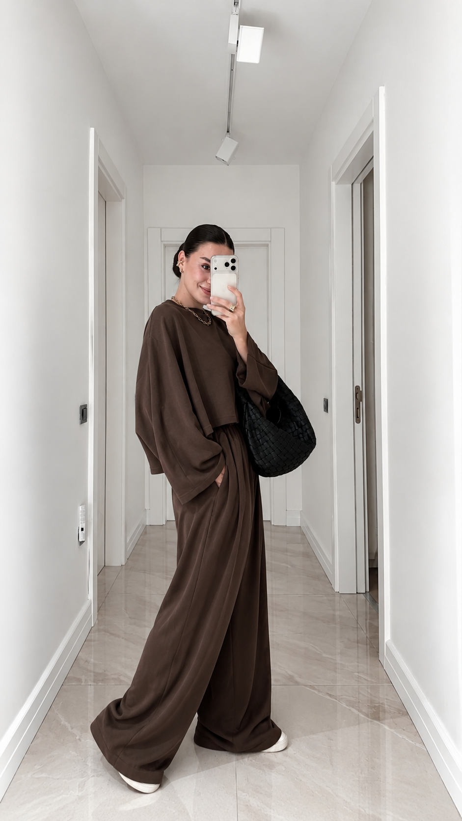 Cropped blouse Batwing Sleeve Detail Trousers Set - brown