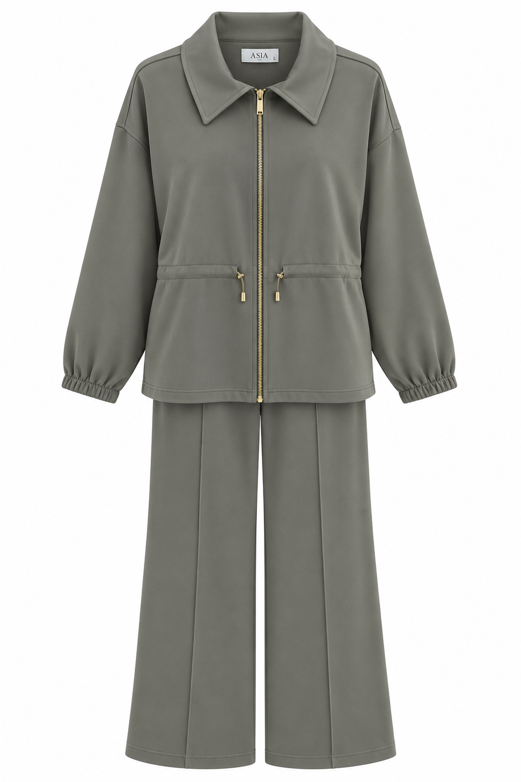 Collared Jacket with Drawstring Waist. Wide leg trouser modal fabric tracksuit - olive-taupe