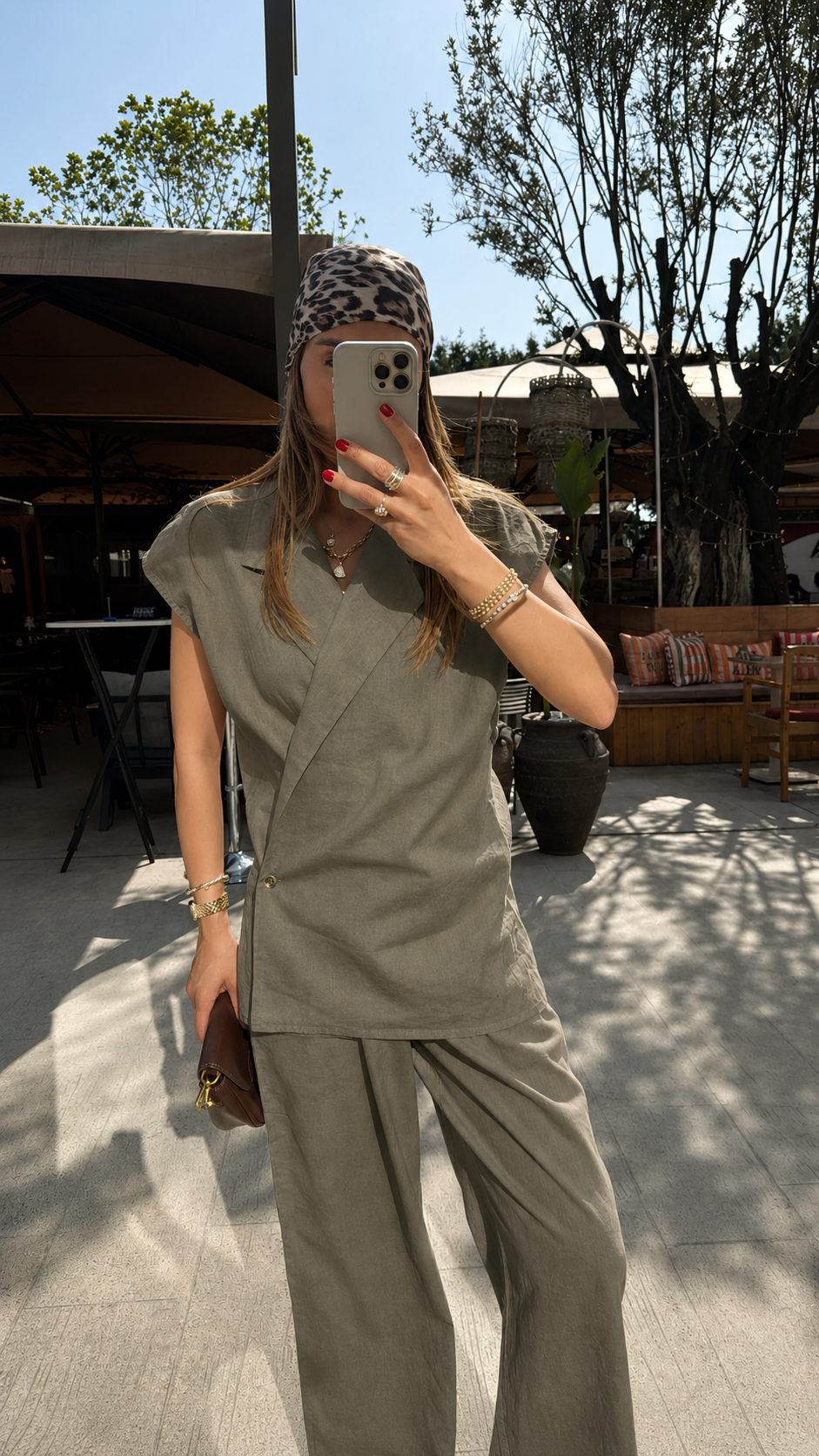 Zara model premium linen vest set-olive green