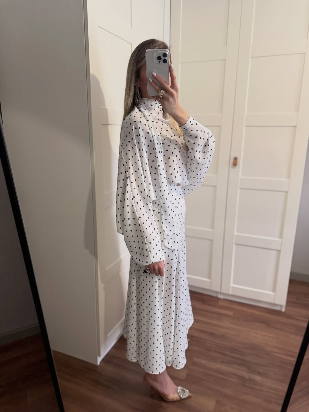Polka Dots Bell Skirt Set - white with navy dots