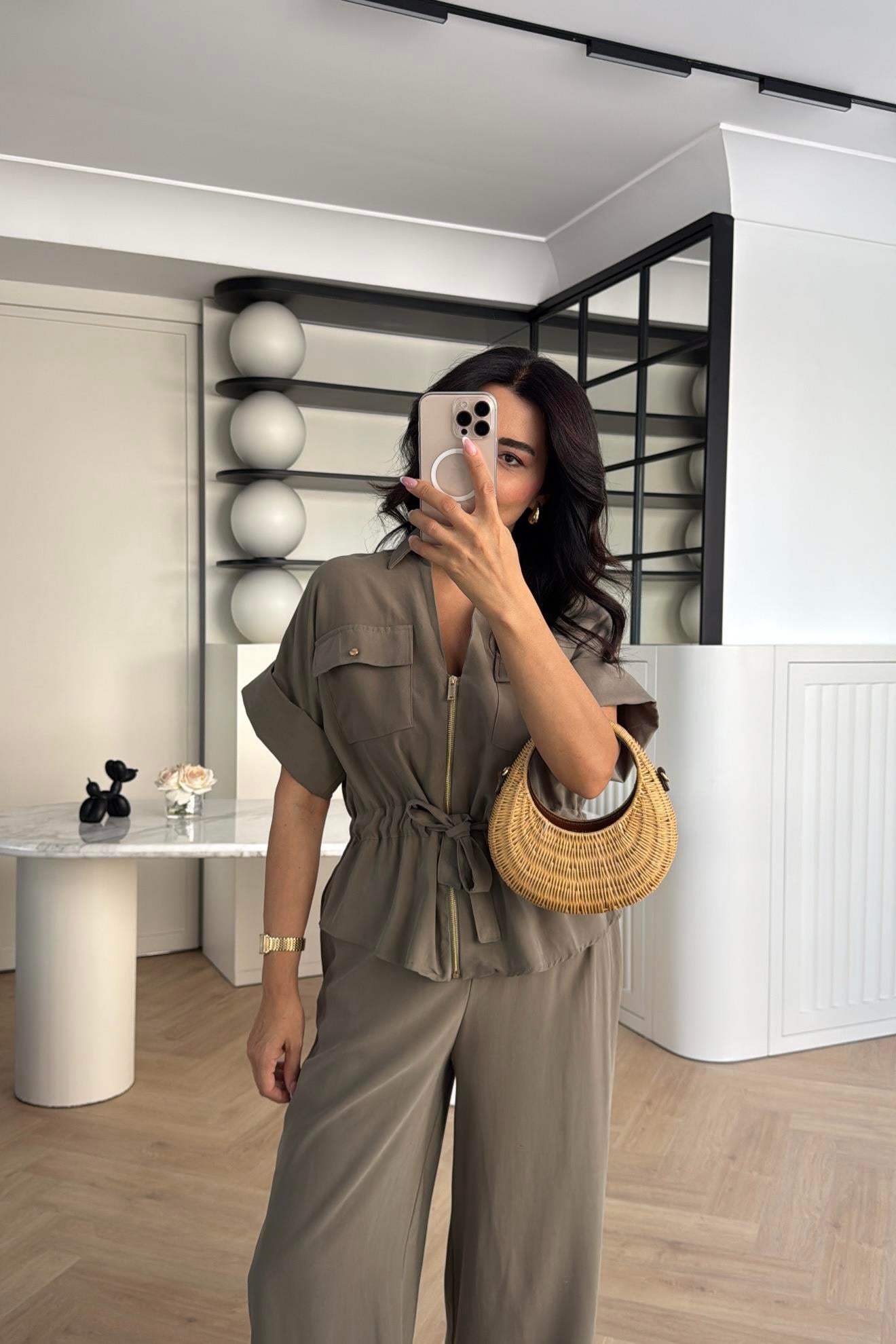 Gold zipper short sleeve tencel co-ord set