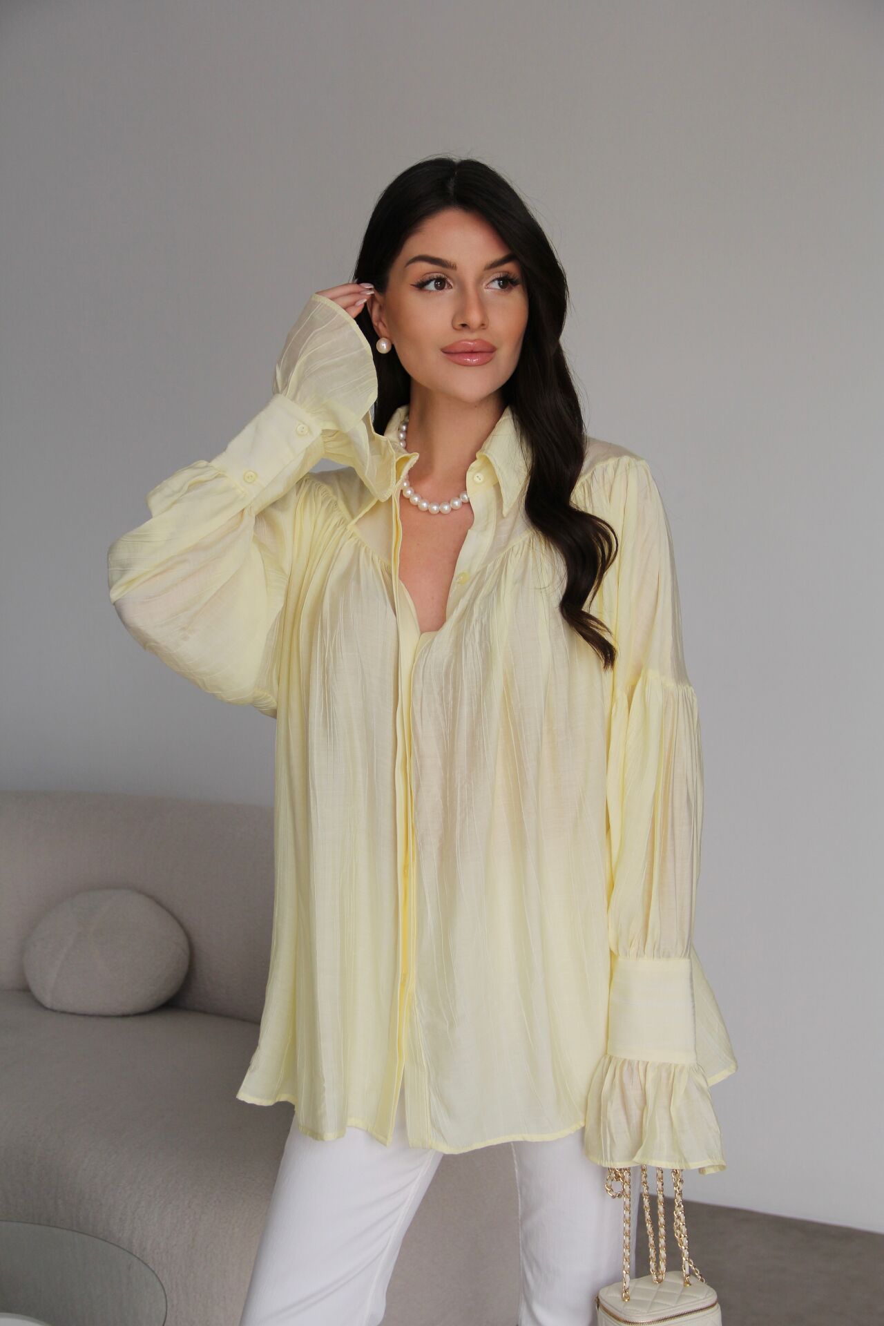 Yellow Vintage Premium Shirt with Gathered Sleeve Detail