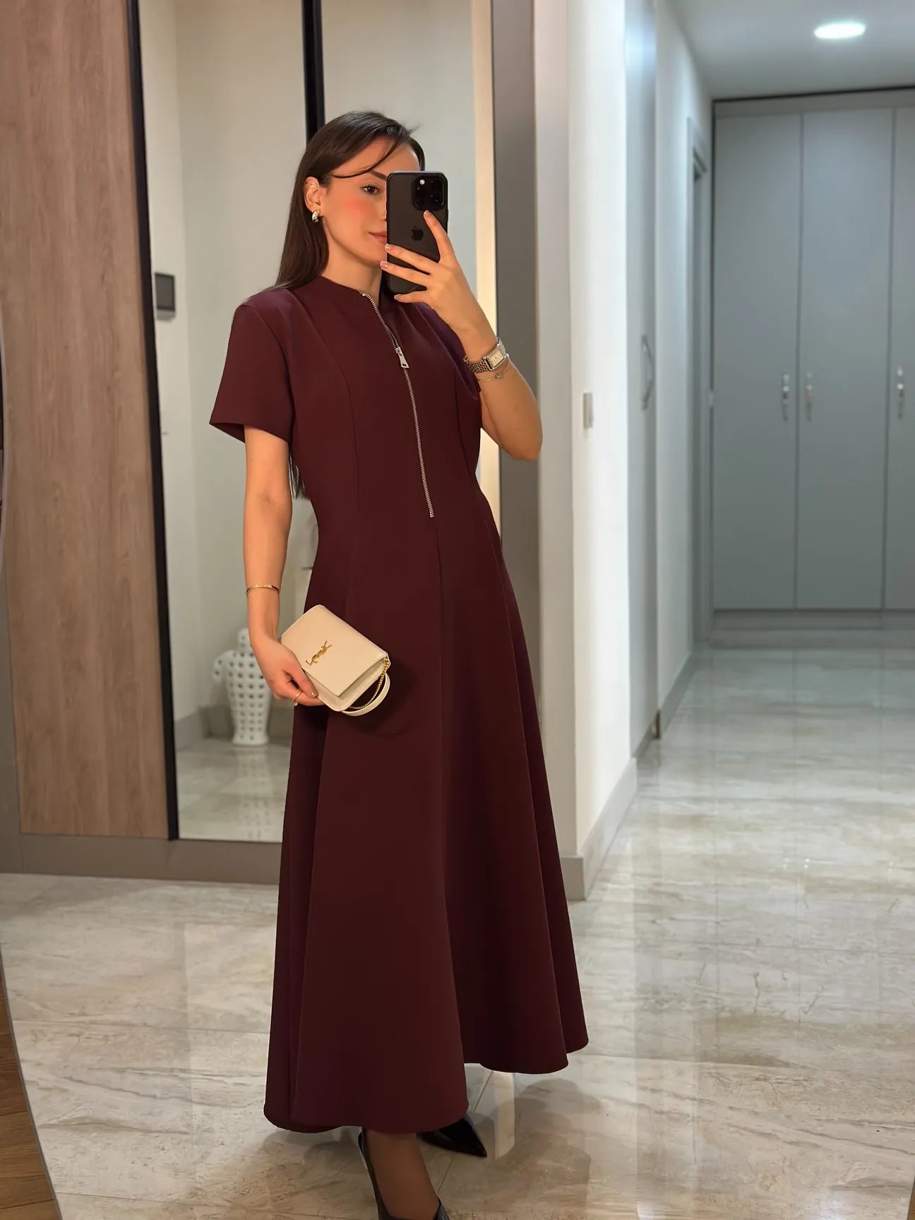 Half Zipper short sleeve dress- burgundy