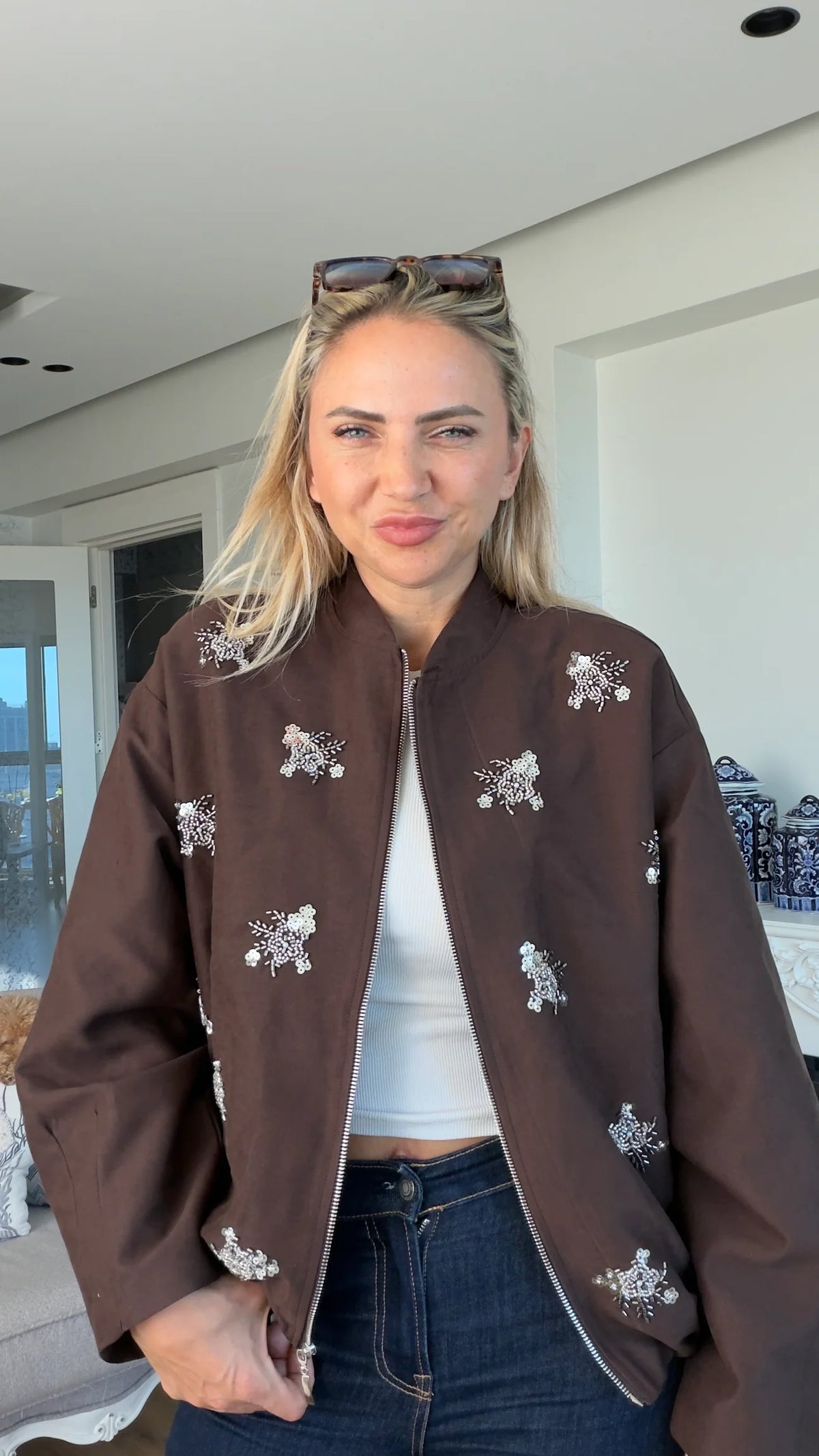 Bomber jacket with stone details - brown