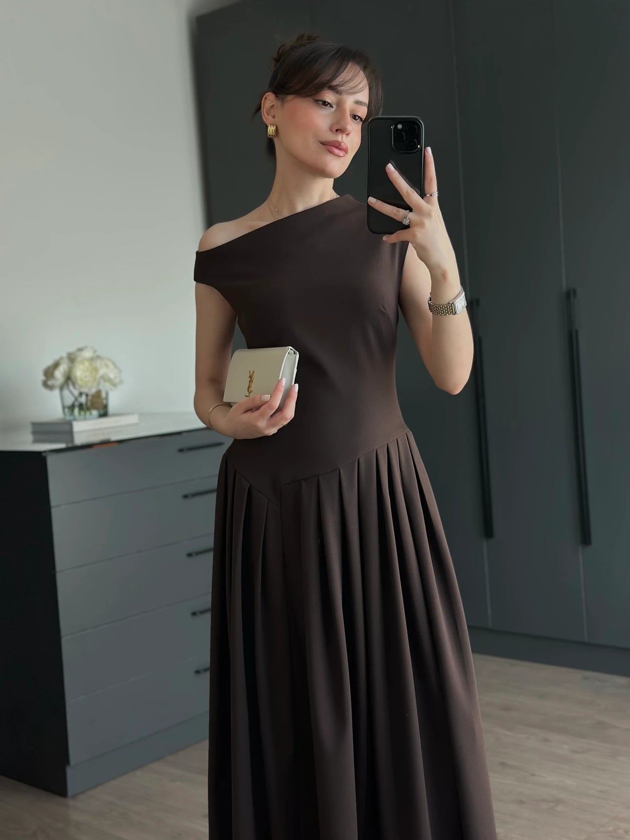 Asymmetric Collar pleated dress - brown