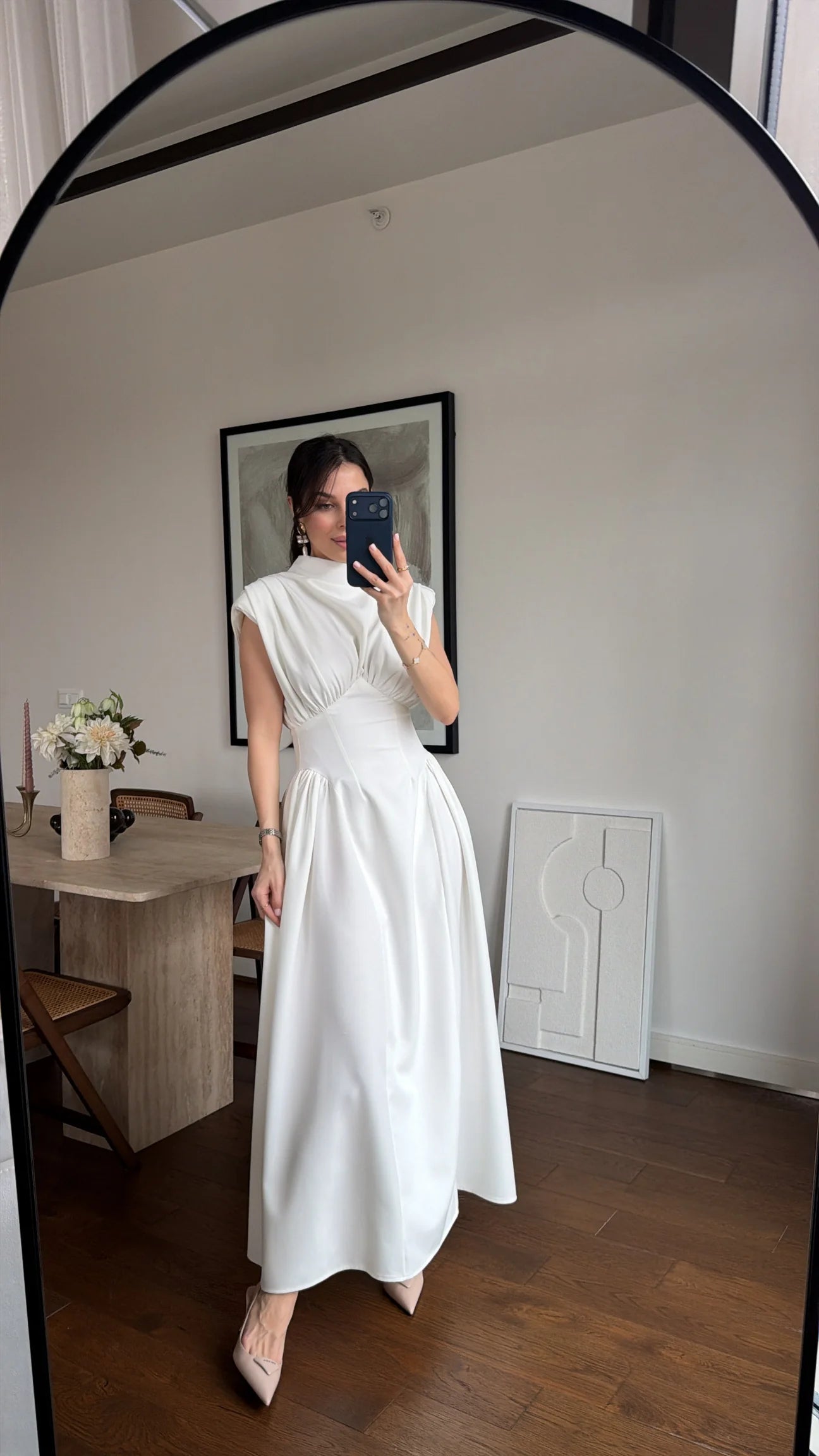 White Enid Waist-Fitted Padded Dresswith back neck tie