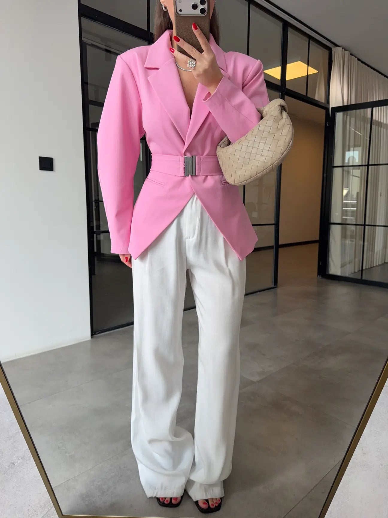 Pink Double-Breasted blazer with Belt Detail