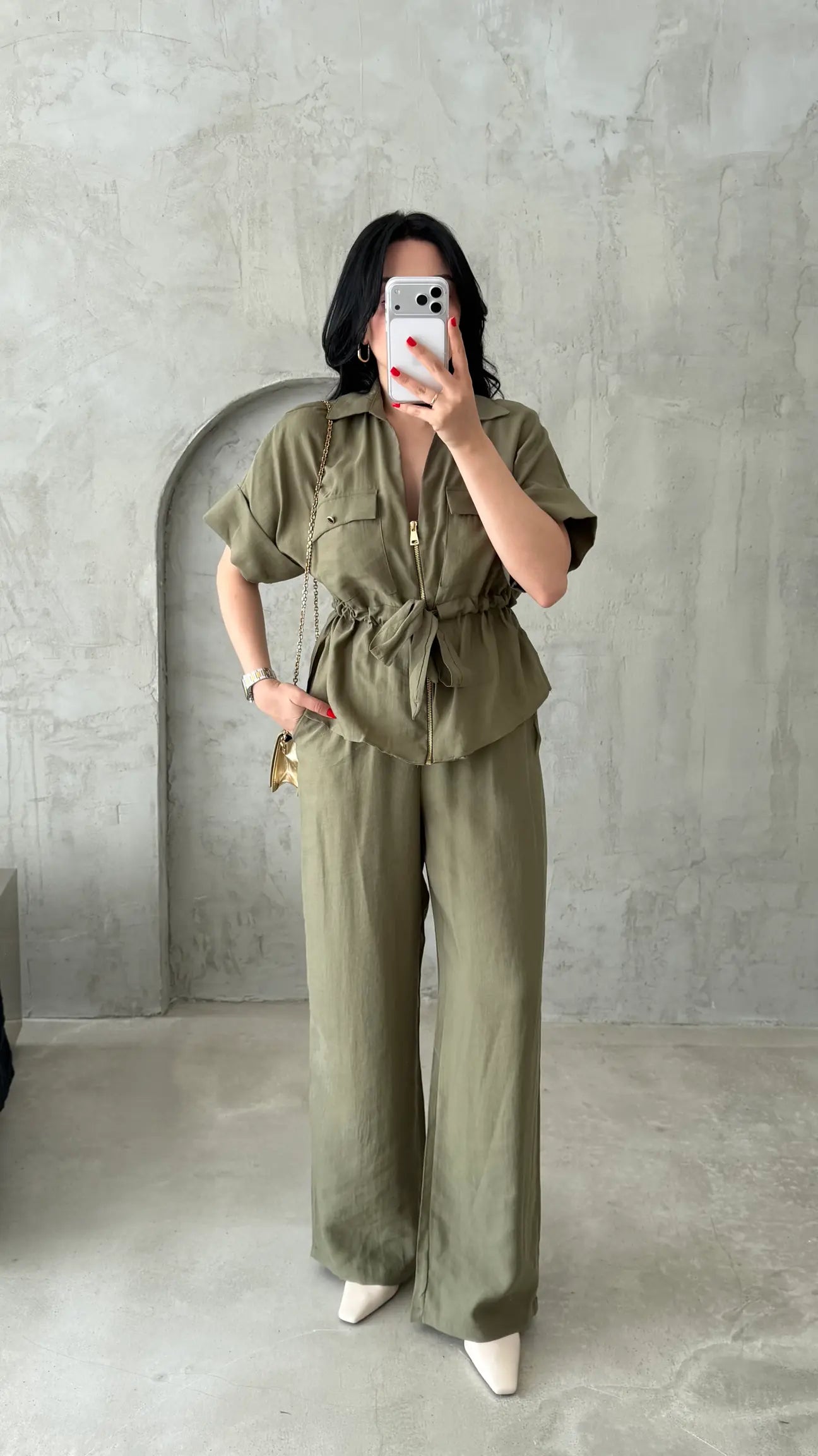 Gold zipper short sleeve tencel co-ord set
