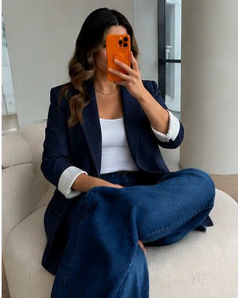 oversized linen blazer with striped lining - navy blue