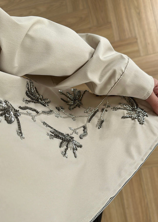 Embroidered Leather Collar Parka Jacket - beige