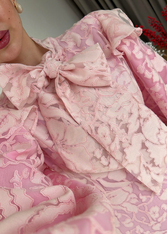 Lace-Embroidered Scarf Collar Dress -pink