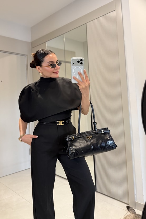 CAPE BLOUSE AND PANTS SET - black