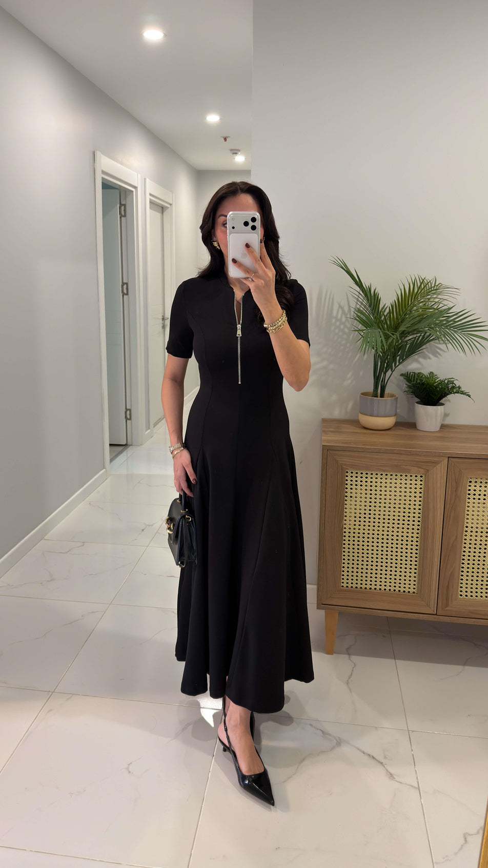 Half Zipper short sleeve dress- black