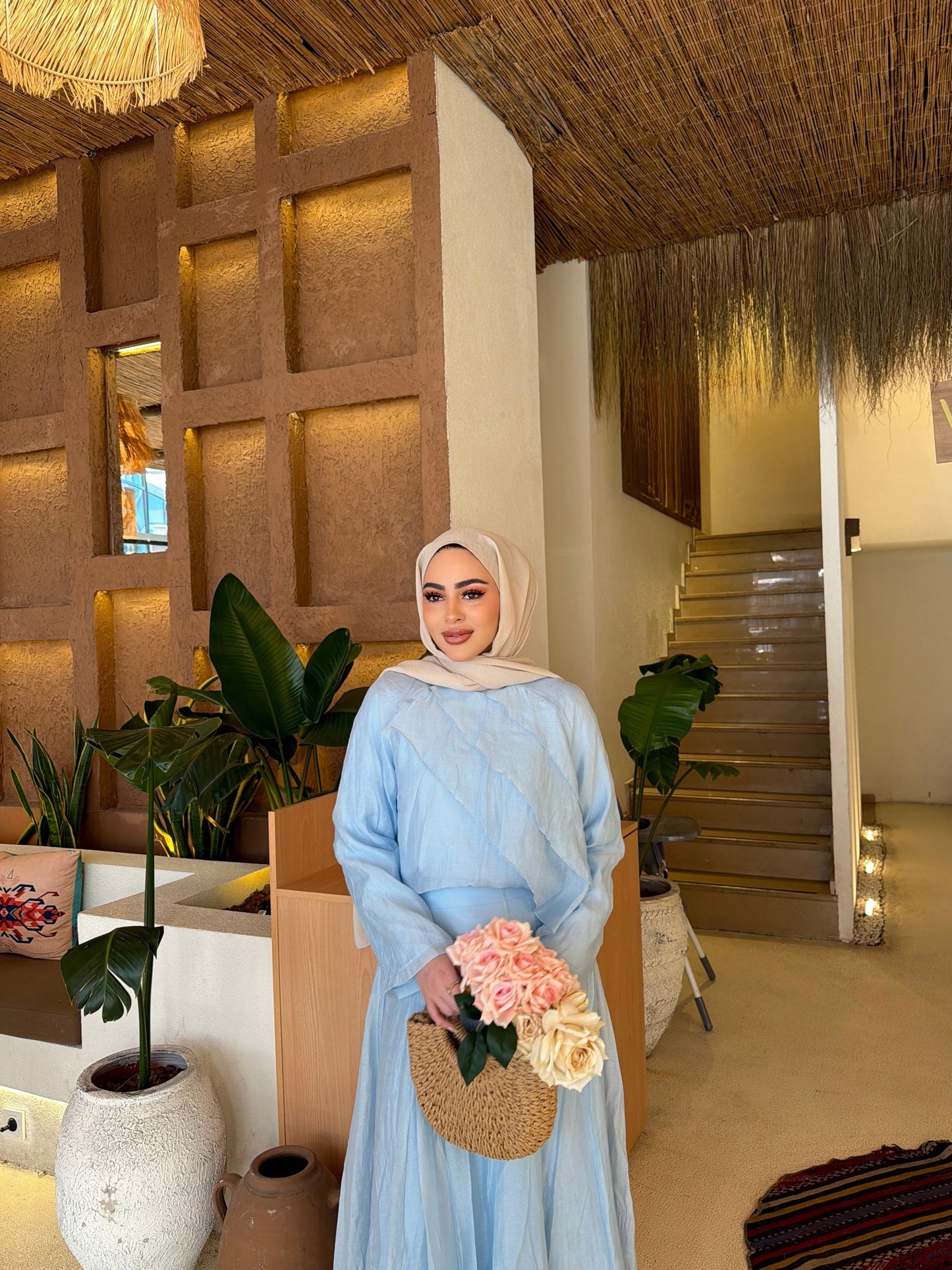 Layered blouse with maxi skirt fully lined set- blue