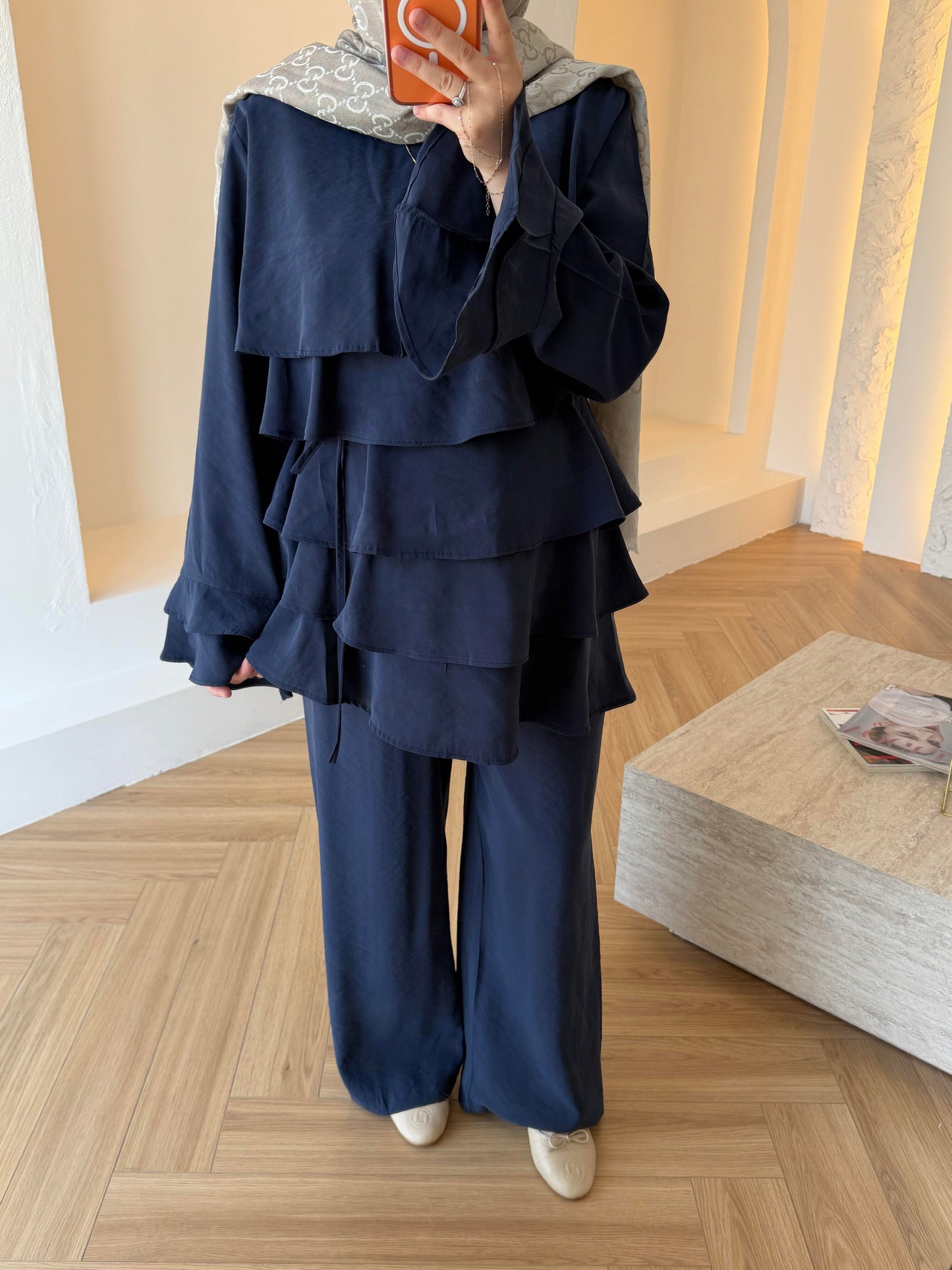 Layered blouse with ruffled sleeves co-ord set- navy blue