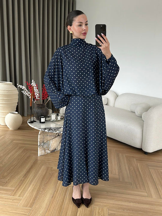 Polka Dots Bell Skirt Set - navy blue