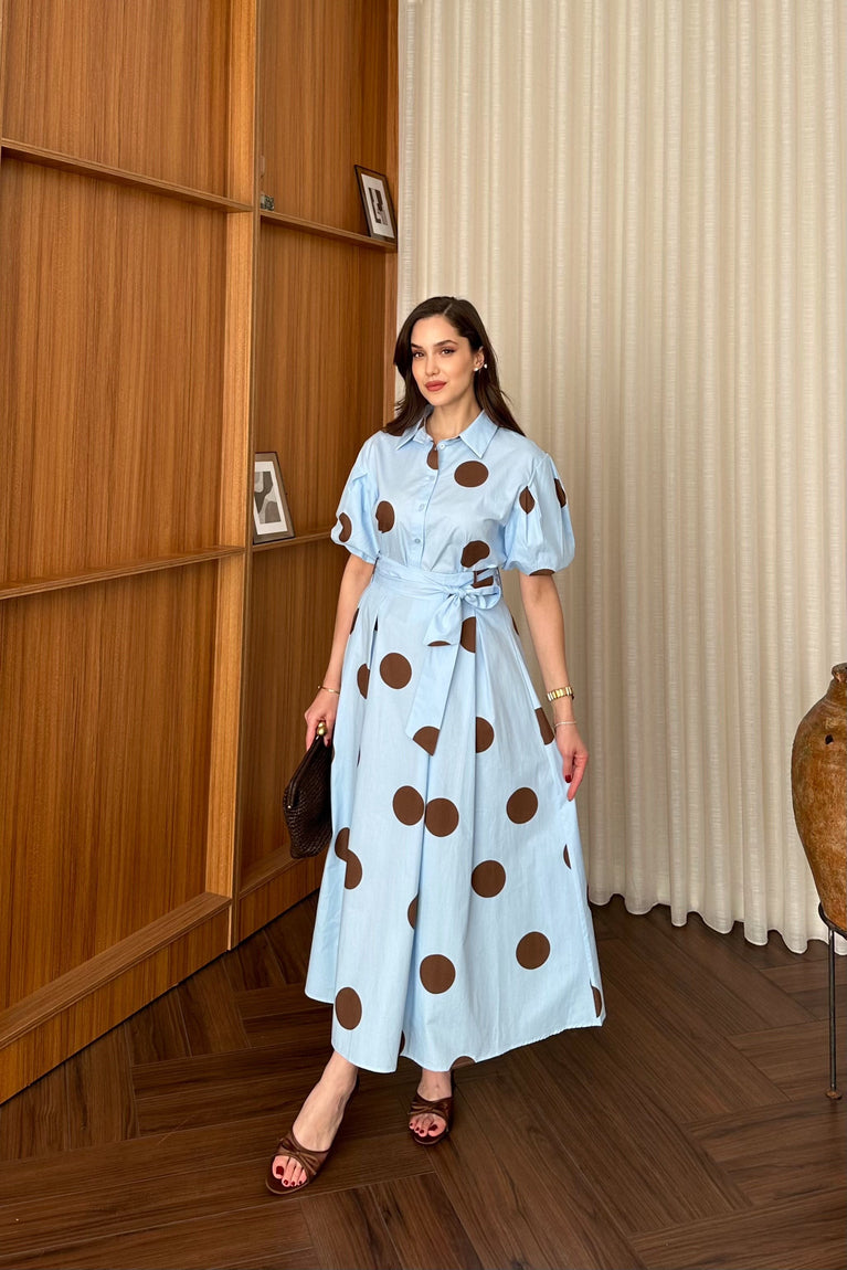 Polka Dot short sleeve shirt with tie-waist skirt set - blue
