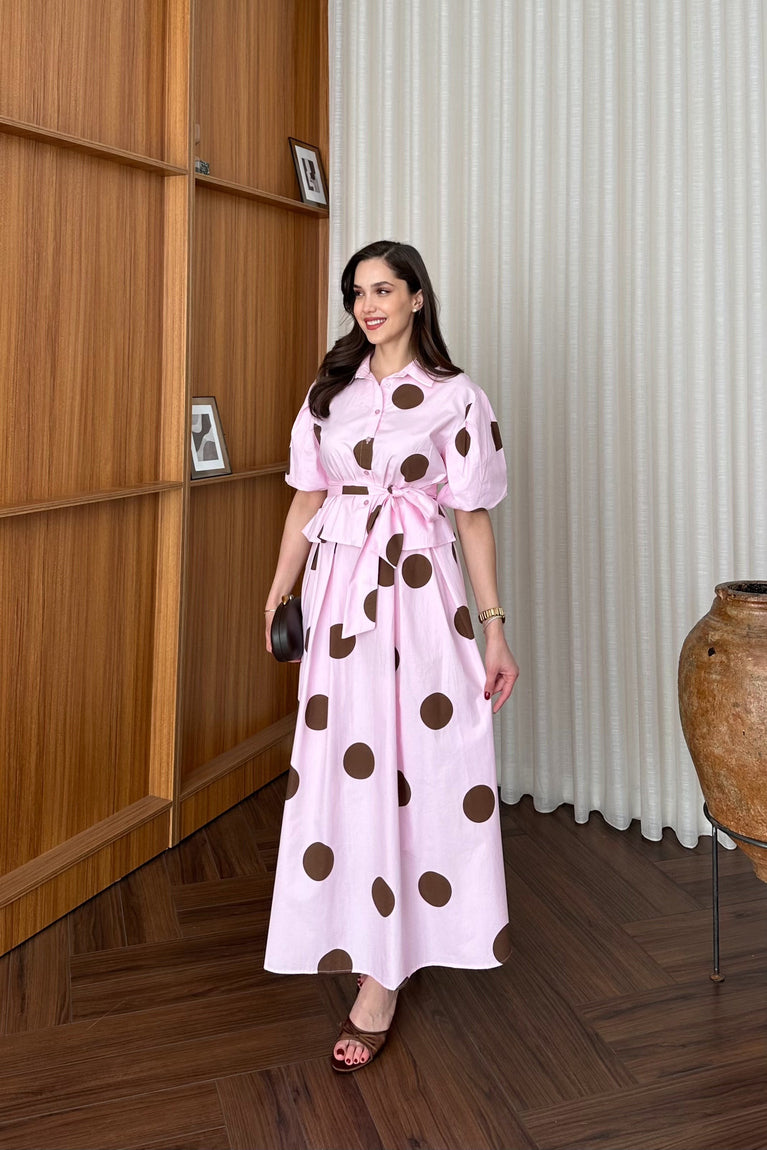 Polka Dot short sleeve shirt with tie-waist skirt set - pink