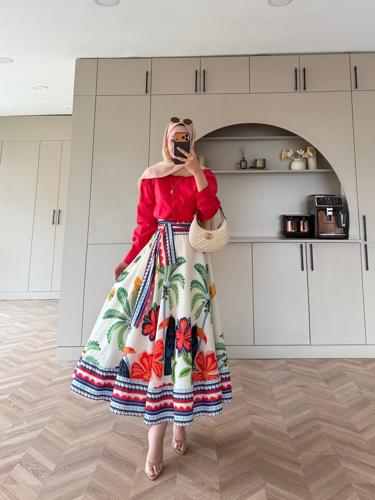 Poplin shirt with belted printed skirt co-ord set