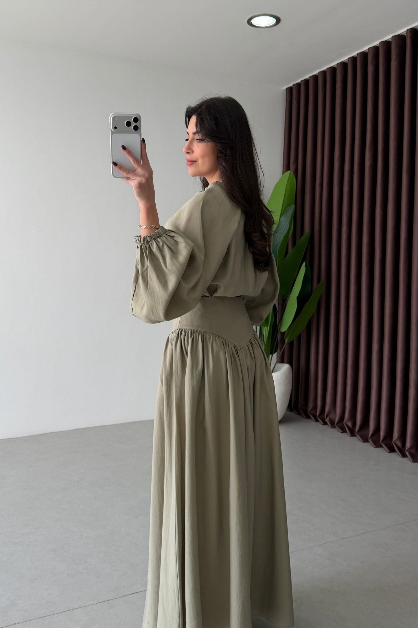 Designer Blouse waist detailed Skirt Set -olive green