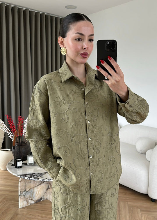 Textured Co-Ord Set with Relaxed Shirt and Wide-Leg Pants