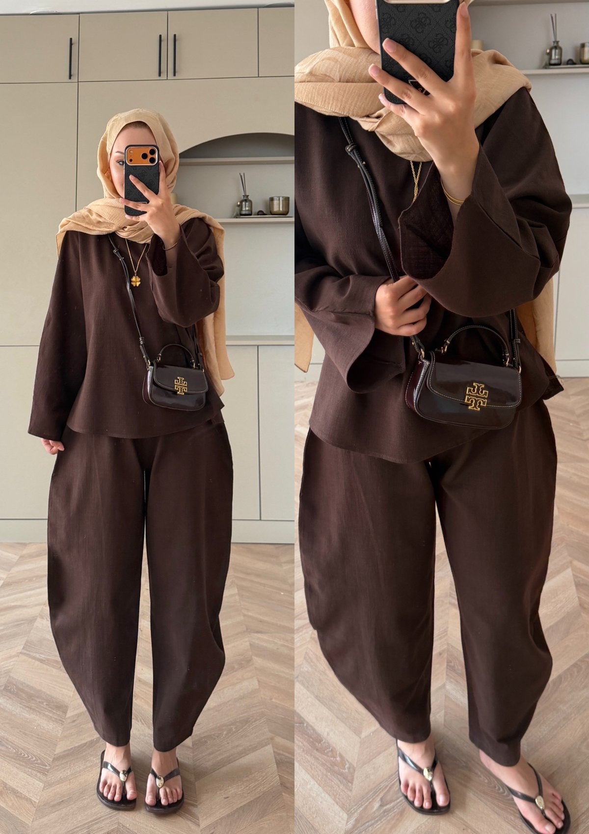 Belted blouse with barrel leg trouser linen set- brown