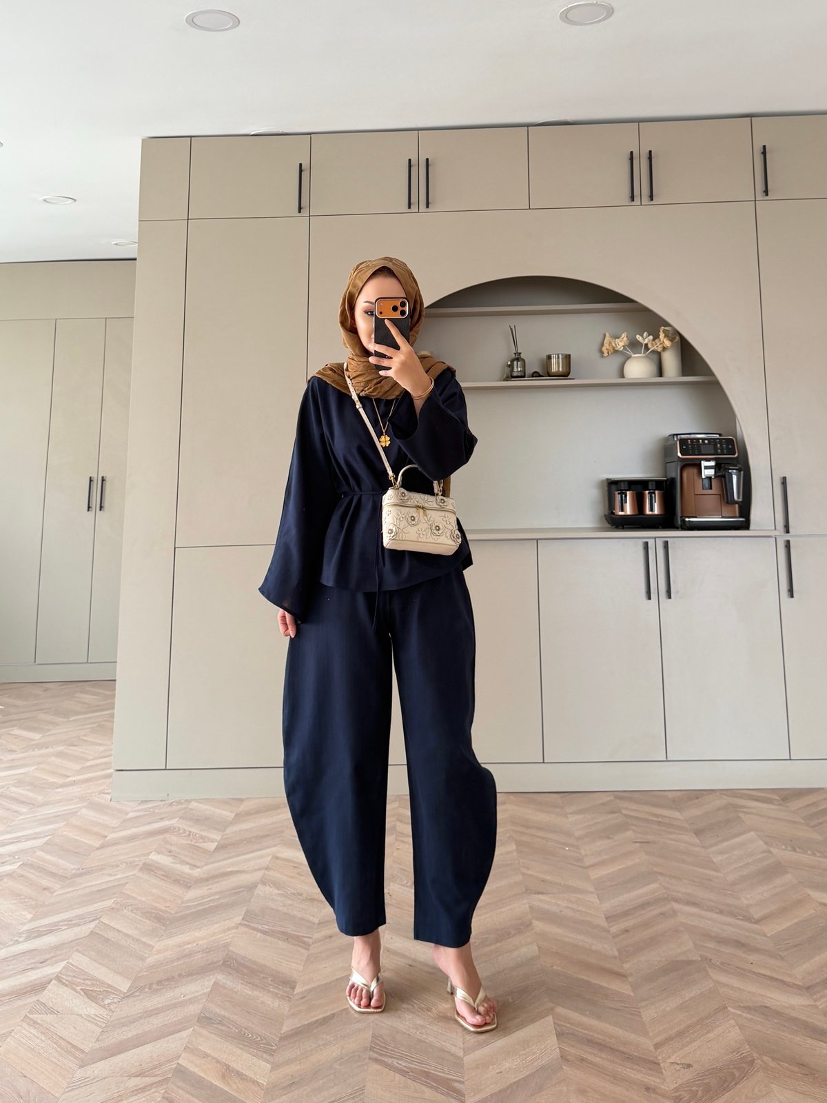 Belted blouse with barrel leg trouser linen set- navy blue