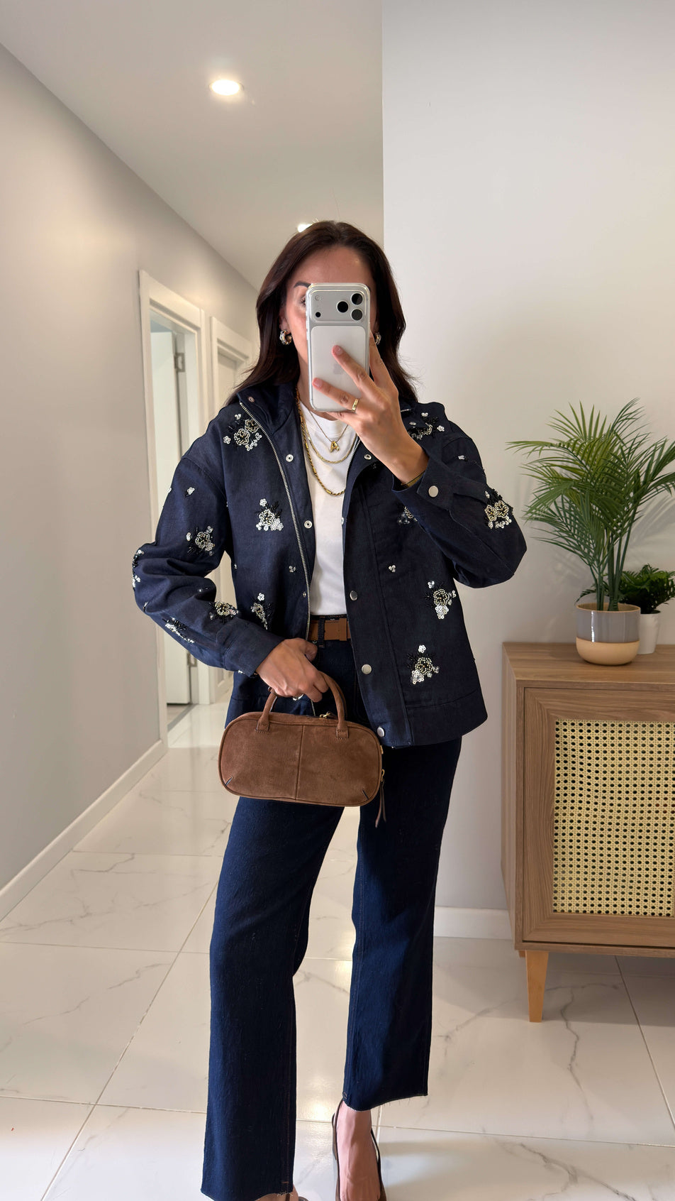Navy Blue Bomber tencel jeans Jacket with Embroidered Details