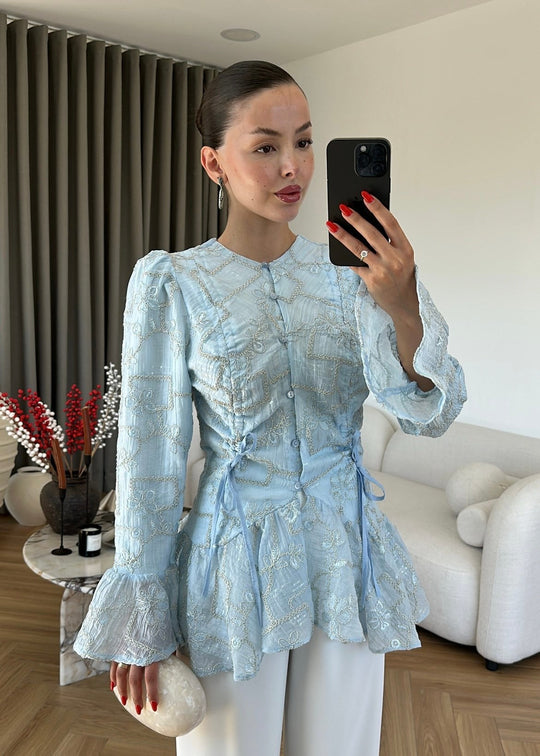 Glitter Embroidered shirt- blue