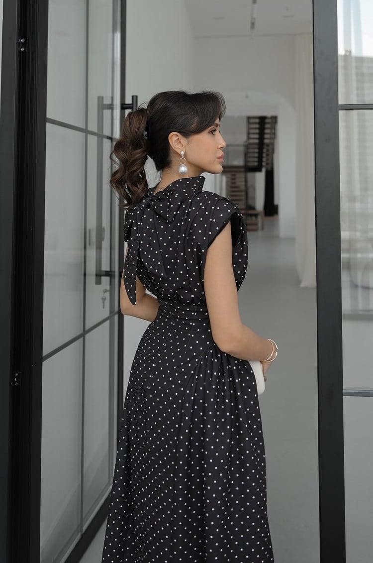 Polka dot Enid Waist-Fitted Padded Dresswith back neck tie