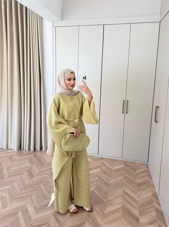 Asymmetric wide sleeve belted top ,waistband wide leg Set - kiwi GREEN