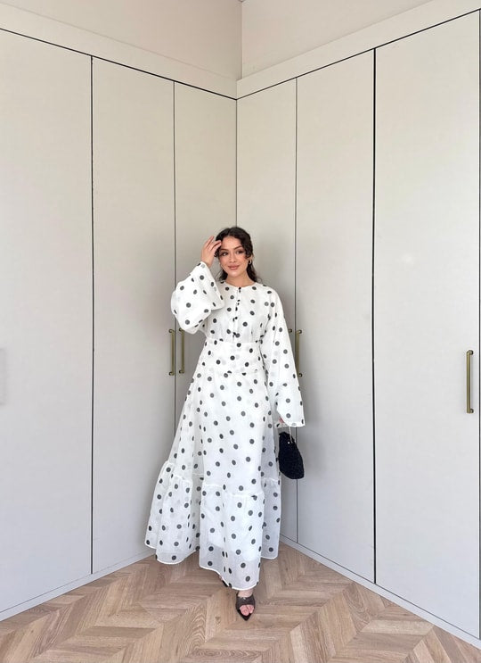 Polka Dot Maxi Skirt Set with a Wide-Sleeve Buttoned Blouse