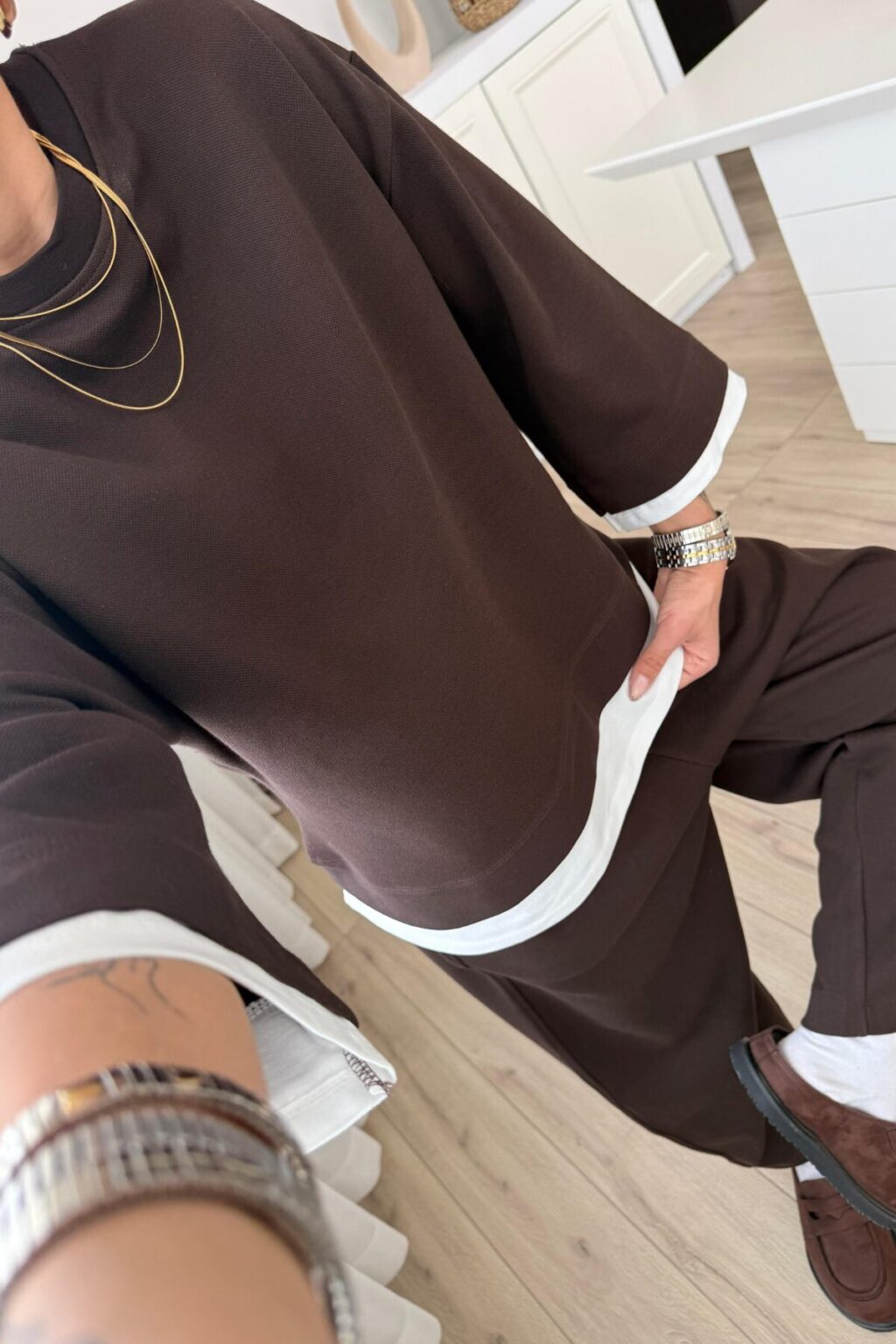 T-shirt Detail Sweatshirt Pants cotton Set -brown