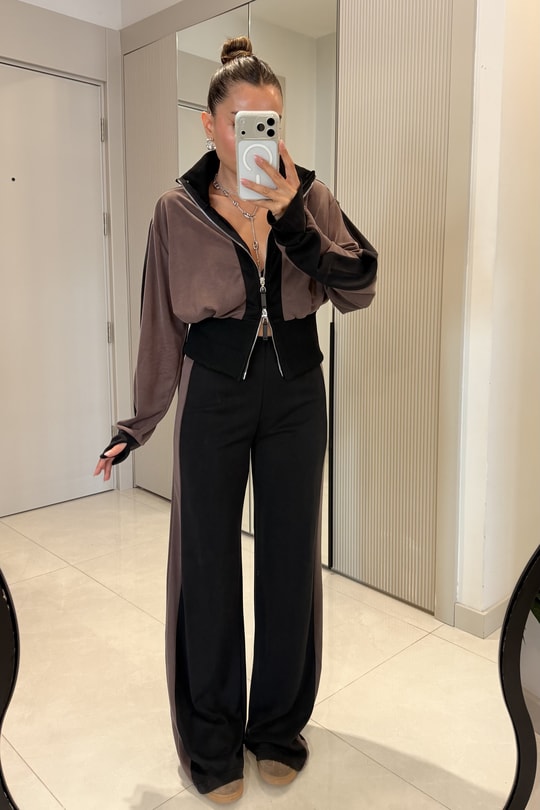 Double-Zip Stand-Up Collar Modal Suit - brown
