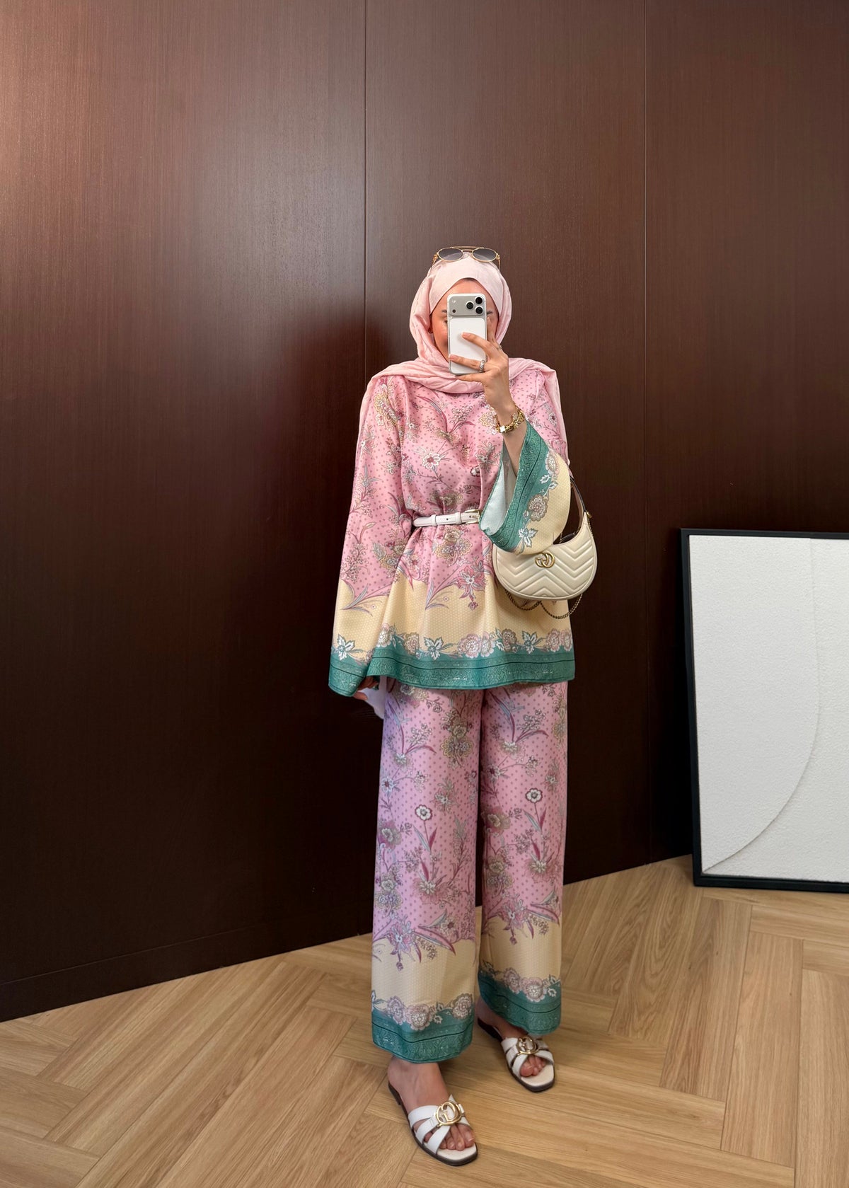 Printed satin Wide sleeve blouse with waistband wide leg trouser co-ord set
