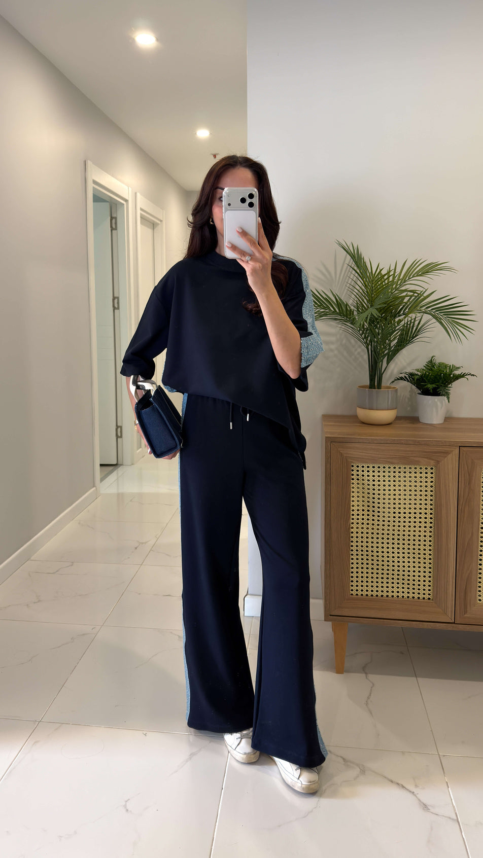 Navy blue Denim Tracksuit with Sequin Trim